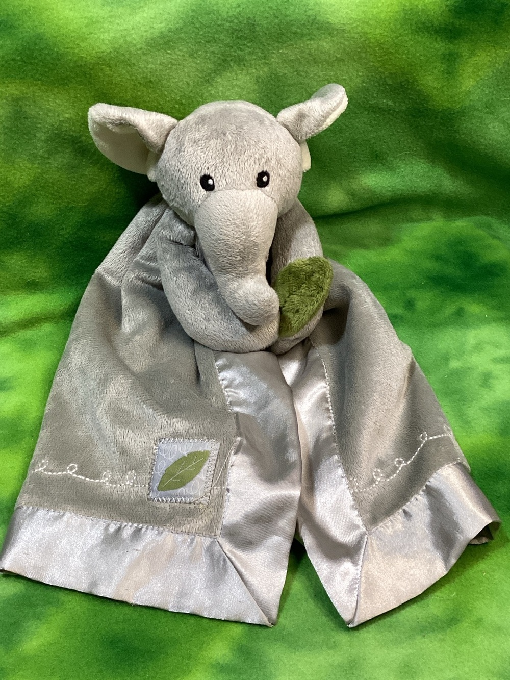 Baby Aspen Gray Elephant Plush Security Blanket with Green Leaf Accent Rattles